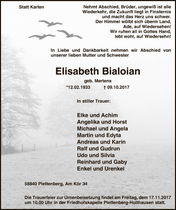 Todesanzeige von Elisabeth Bialoian von MZV