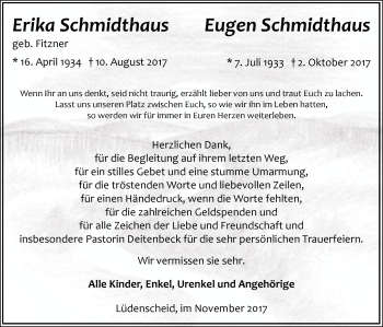 Todesanzeige von Erika und Eugen  Schmidthaus von MZV