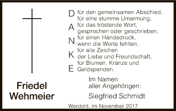Todesanzeige von Friedel Wehmeier von MZV