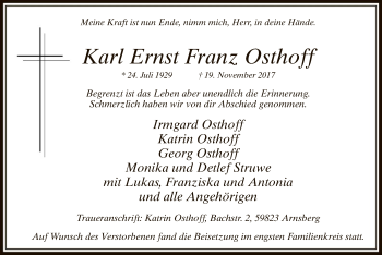 Todesanzeige von Karl Ernst Franz Osthoff von MZV