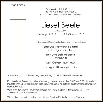 Todesanzeige von Liesel Beele von MZV