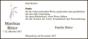 Todesanzeige von Matthias Bitter von MZV