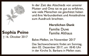 Todesanzeige von Sophia Peine von MZV
