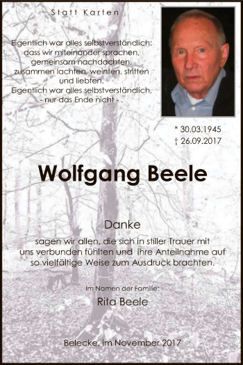 Todesanzeige von Wolfgang Beele von MZV