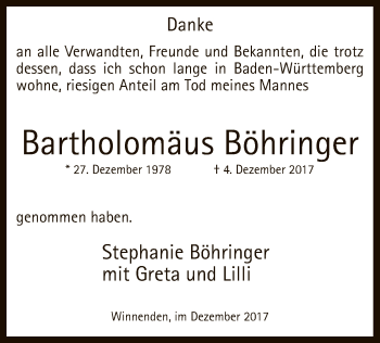 Todesanzeige von Bartholomäus Böhringer von MZV
