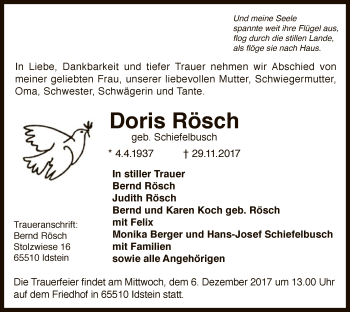 Todesanzeige von Doris Rösch von MZV