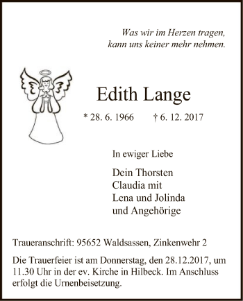 Todesanzeige von Edith Lange von MZV