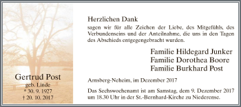 Todesanzeige von Gertrud Post von MZV