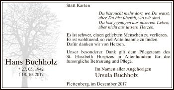 Todesanzeige von Hans Buchholz von MZV