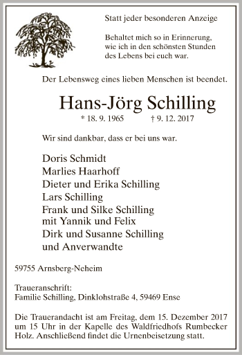 Todesanzeige von Hans-Jörg Schilling von MZV