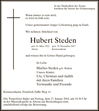 Todesanzeige von Hubert Steden von MZV
