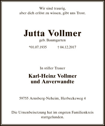 Todesanzeige von Jutta Vollmer von MZV