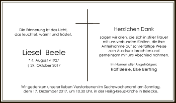 Todesanzeige von Liesel Beele von MZV