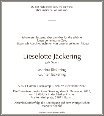Todesanzeige von Lieselotte Jäckering von MZV