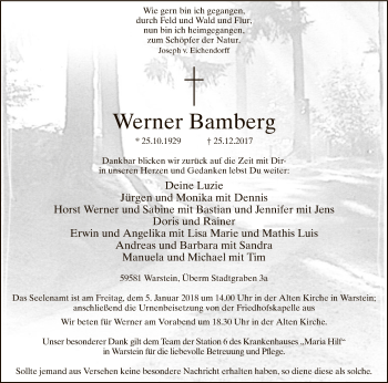 Todesanzeige von Werner Bamberg von MZV