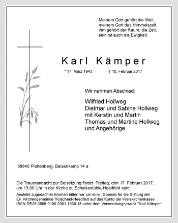 Todesanzeige von Karl Kämper von MZV