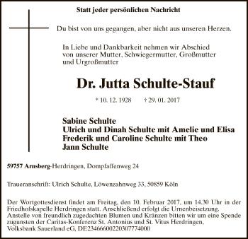 Todesanzeige von Jutta Schulte-Stauf von MZV