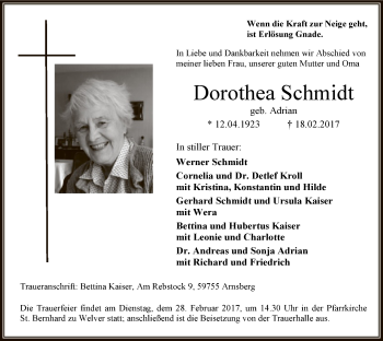 Todesanzeige von Dorothea Schmidt von MZV