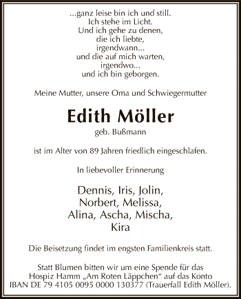 Todesanzeige von Edith Möller von MZV