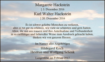 Todesanzeige von Margarete und Karl-Walter Hackstein von MZV