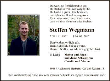 Todesanzeige von Steffen Wegmann von MZV