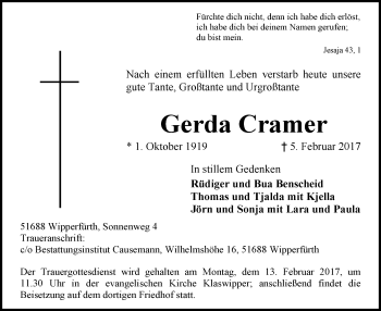 Todesanzeige von Gerda Cramer von MZV