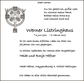 Todesanzeige von Werner Listringhaus von MZV
