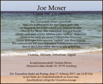 Todesanzeige von Joe Moser von MZV