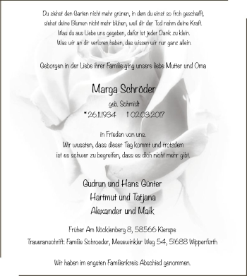 Todesanzeige von Marga Schröder von MZV
