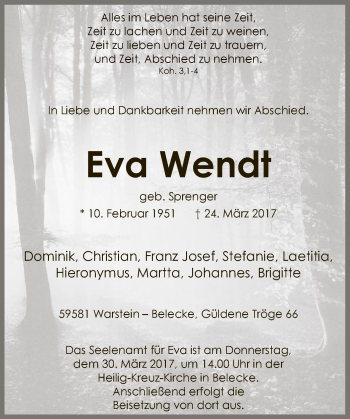 Todesanzeige von Eva Wendt von MZV