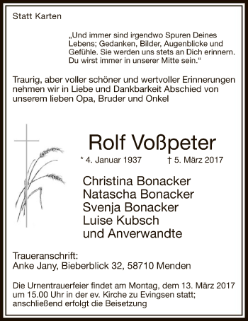 Todesanzeige von Rolf Voßpeter von MZV