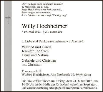 Todesanzeige von Willy Hochheimer von MZV