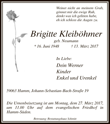 Todesanzeige von Brigitte Kleiböhmer von MZV