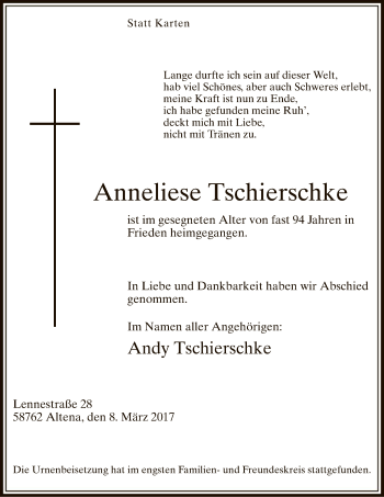 Todesanzeige von Anneliese Tschierschke von MZV