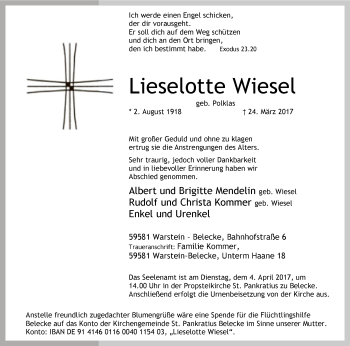 Todesanzeige von Lieselotte Wiesel von MZV