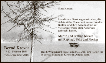 Todesanzeige von Bernd Krevet von MZV