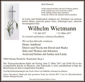 Todesanzeige von Wilhelm Wietmann von MZV