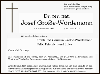 Todesanzeige von Josef Große-Wördemann von MZV