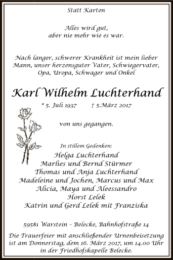 Todesanzeige von Karl Wilhelm Luchterhand von MZV