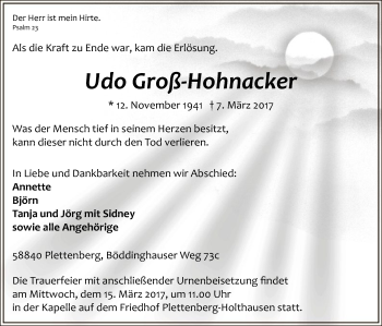 Todesanzeige von Udo Groß-Hohnacker von MZV
