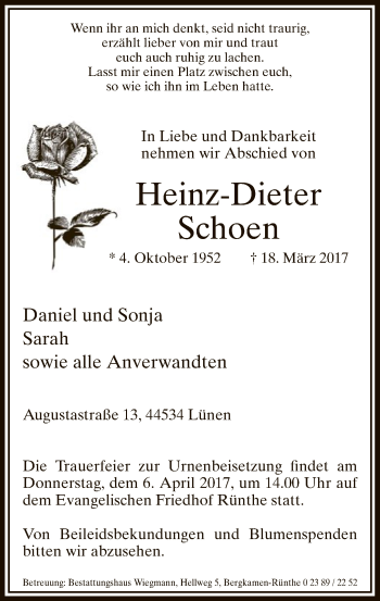 Todesanzeige von Heinz-Dieter Schoen von MZV