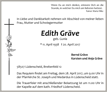 Todesanzeige von Edith Gräve von MZV