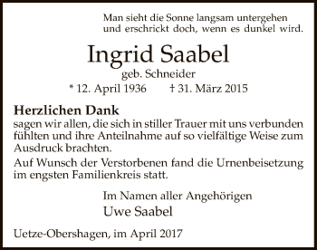 Todesanzeige von Ingrid Saabel von MZV