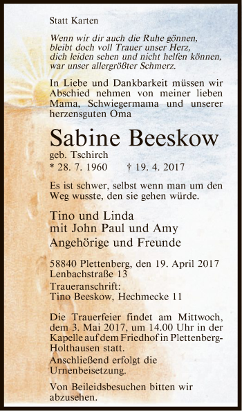 Todesanzeige von Sabine Beeskow von MZV