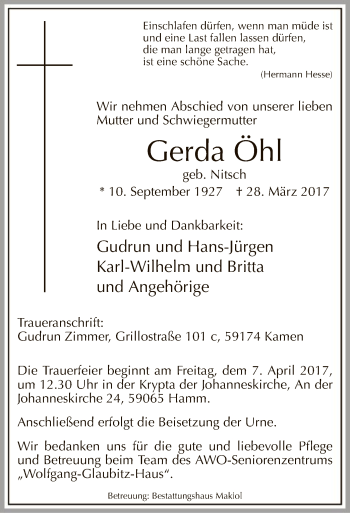 Todesanzeige von Gerda Öhl von MZV
