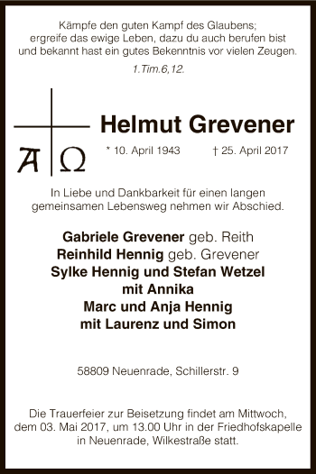 Todesanzeige von Helmut Grevener von MZV