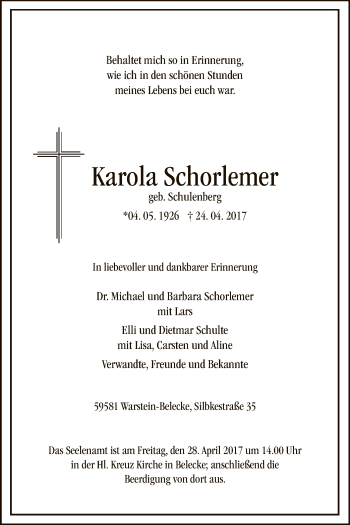 Todesanzeige von Karola Schorlemer von MZV