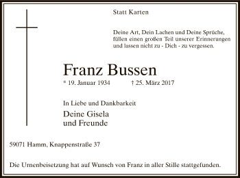 Todesanzeige von Franz Bussen von MZV