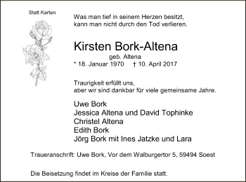 Todesanzeige von Kirsten Bork-Altena von MZV