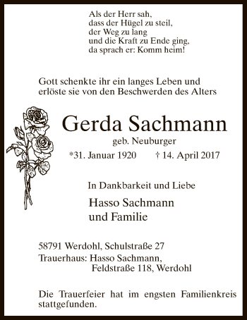 Todesanzeige von Gerda Sachmann von MZV